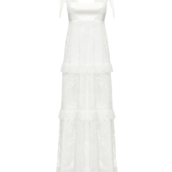 Ulyana Sergeenko Full-length dress with signature floral lace and silk base - Ulyana Sergeenko Corset Dress - Russian Couture - Shop at Coveti