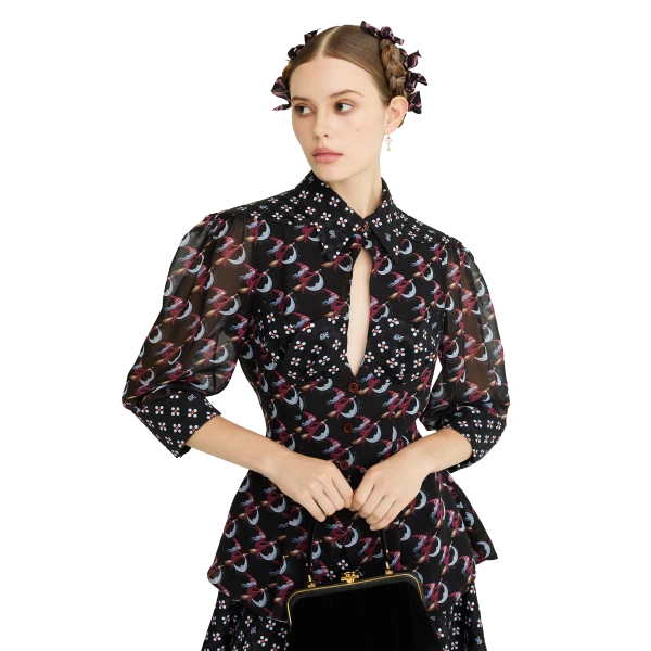 Ulyana Sergeenko Silk peplum blouse with a signature print, view 2