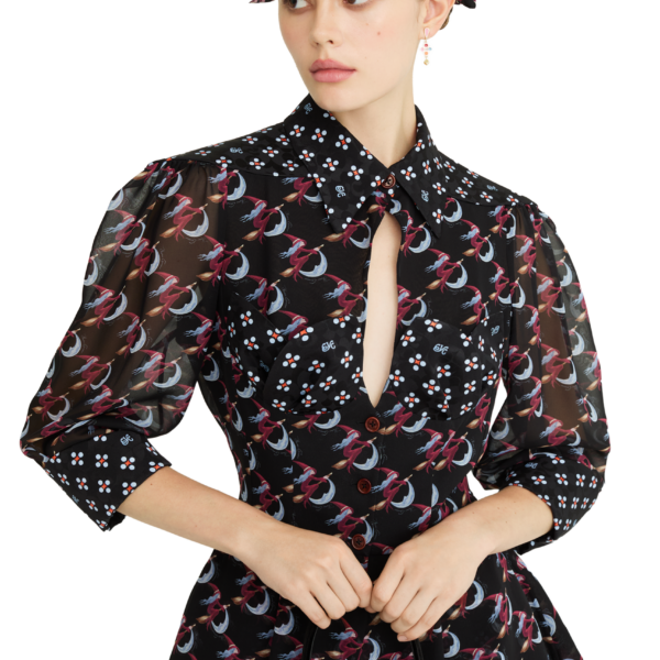 Ulyana Sergeenko Silk peplum blouse with a signature print - Ulyana Sergeenko Corset Dress - Russian Couture - Shop at Coveti