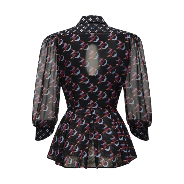 Ulyana Sergeenko Silk peplum blouse with a signature print - Ulyana Sergeenko Corset Dress - Russian Couture - Shop at Coveti