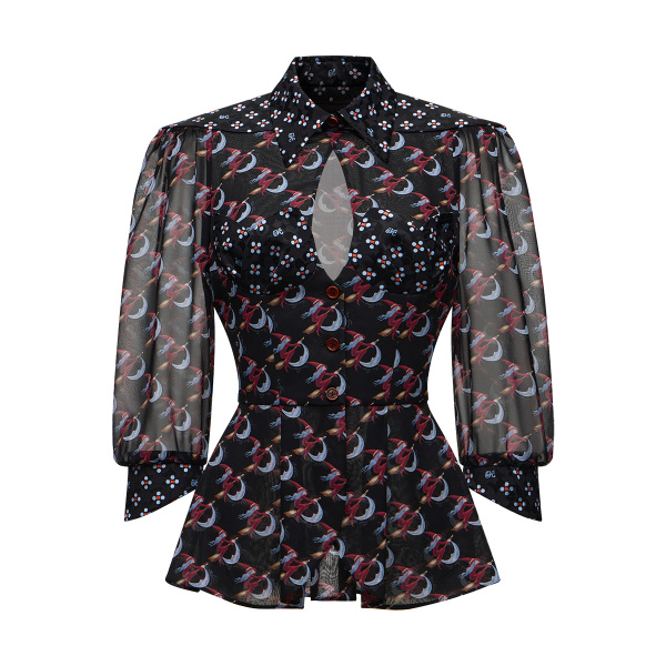 Ulyana Sergeenko Silk peplum blouse with a signature print - Ulyana Sergeenko Corset Dress - Russian Couture - Shop at Coveti