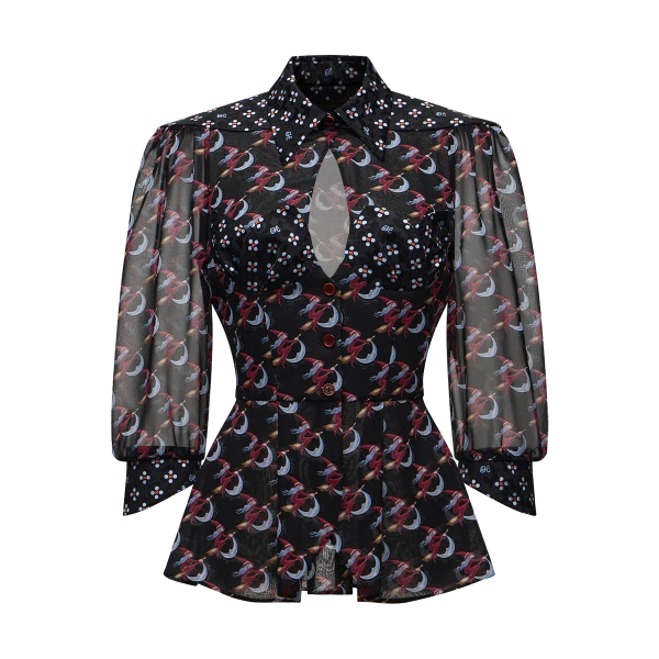 Ulyana Sergeenko Silk peplum blouse with a signature print - Ulyana Sergeenko Corset Dress - Russian Couture - Shop at Coveti