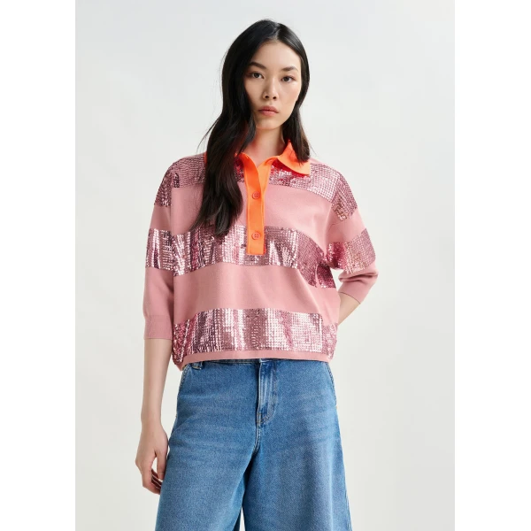 Essentiel Antwerp Vintage pink and orange striped sequin-embellished polo Top, view 2