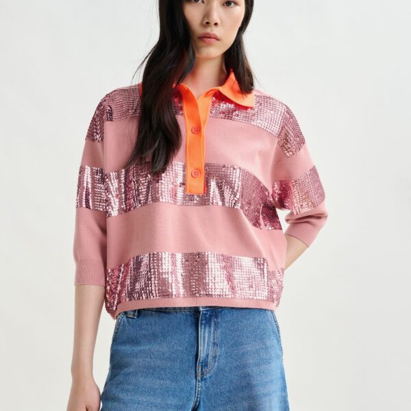Essentiel Antwerp Vintage pink and orange striped sequin-embellished polo - Essentiel Antwerp Tops - Colorful Belgian Design - Shop at Coveti