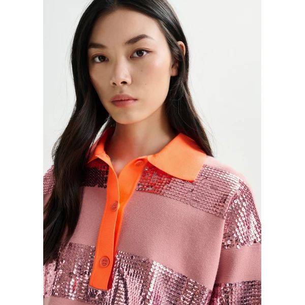 Essentiel Antwerp Vintage pink and orange striped sequin-embellished polo Top, view 3