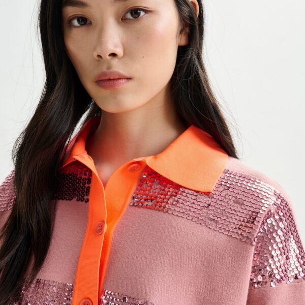 Essentiel Antwerp Vintage pink and orange striped sequin-embellished polo - Essentiel Antwerp Tops - Colorful Belgian Design - Shop at Coveti