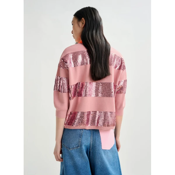 Essentiel Antwerp Vintage pink and orange striped sequin-embellished polo Top, view 4