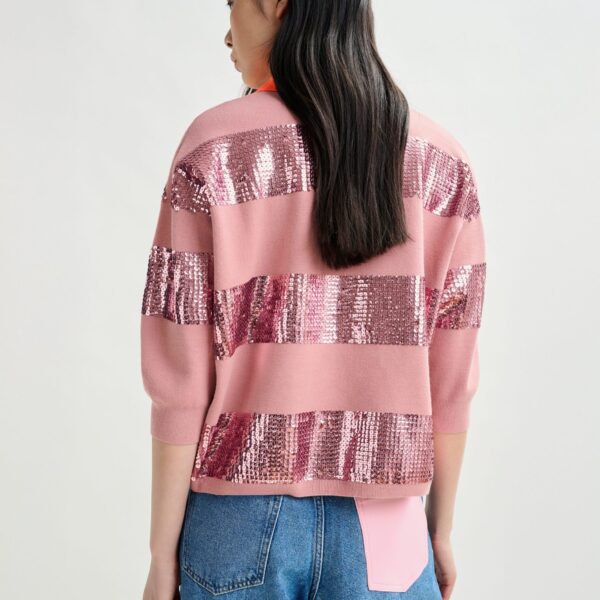 Essentiel Antwerp Vintage pink and orange striped sequin-embellished polo - Essentiel Antwerp Tops - Colorful Belgian Design - Shop at Coveti