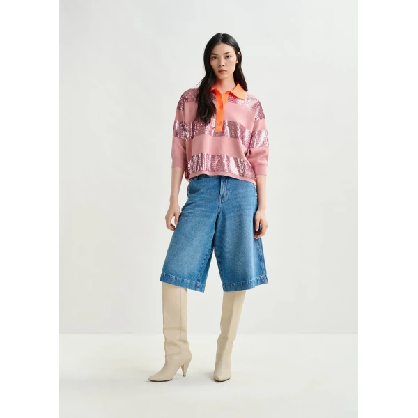 Essentiel Antwerp Vintage pink and orange striped sequin-embellished polo Top, view 5