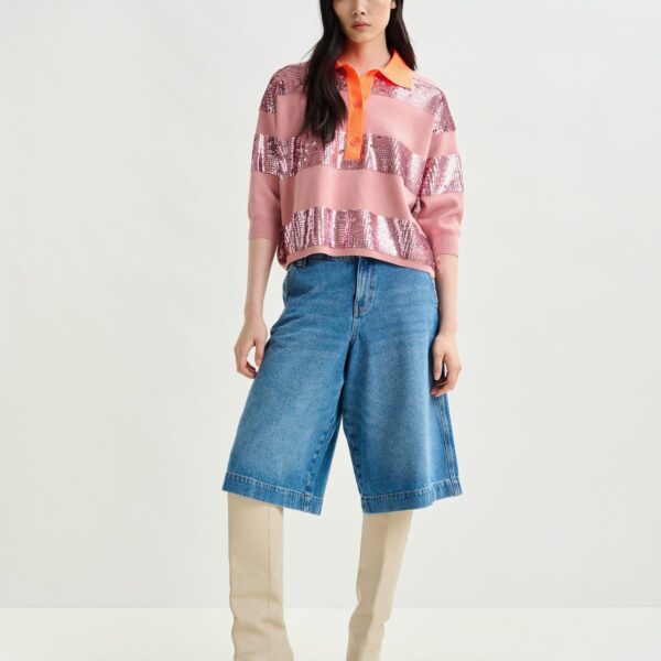 Essentiel Antwerp Vintage pink and orange striped sequin-embellished polo - Essentiel Antwerp Tops - Colorful Belgian Design - Shop at Coveti