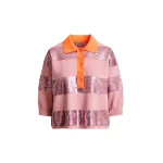 Essentiel Antwerp Vintage pink and orange striped sequin-embellished polo - Essentiel Antwerp Tops - Colorful Belgian Design - Shop at Coveti