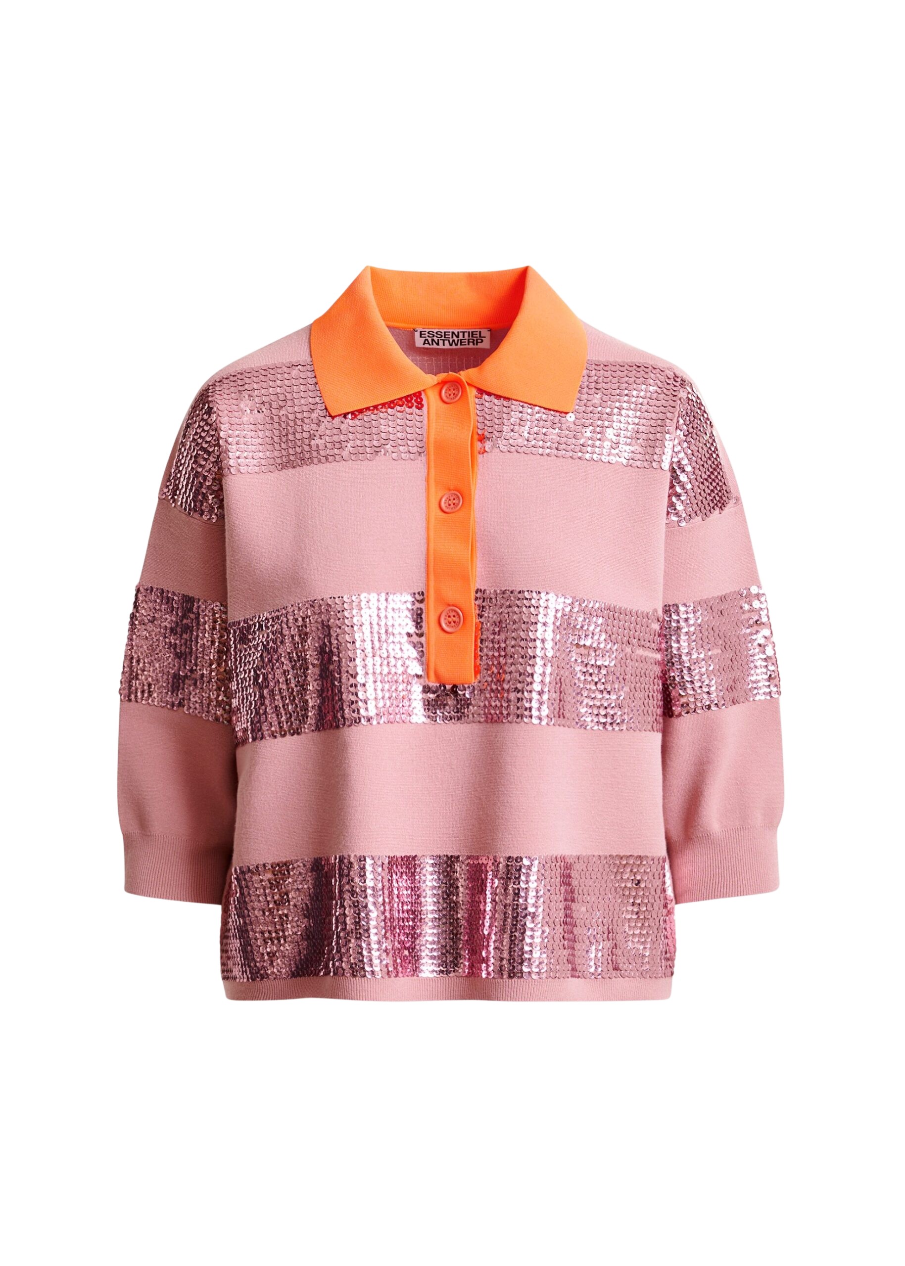 Essentiel Antwerp Vintage pink and orange striped sequin-embellished polo - Essentiel Antwerp Tops - Colorful Belgian Design - Shop at Coveti