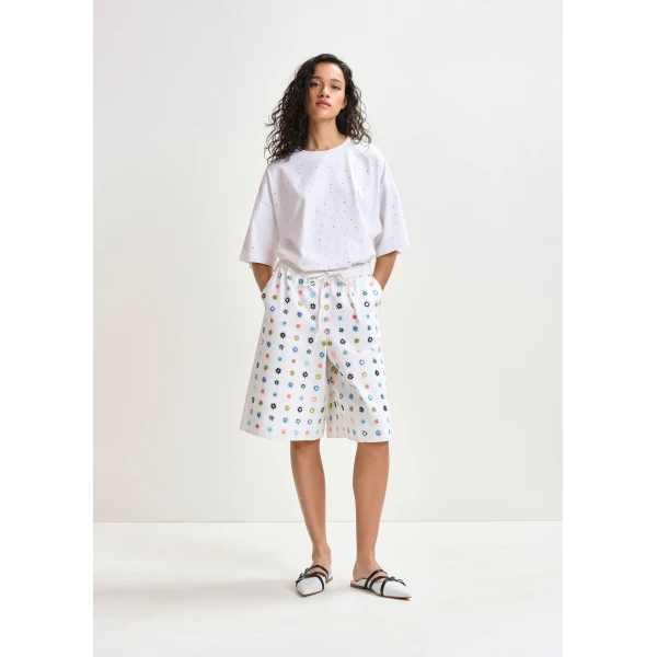 Essentiel Antwerp White and multicolor embroidered cotton shorts with mirror accents, view 2