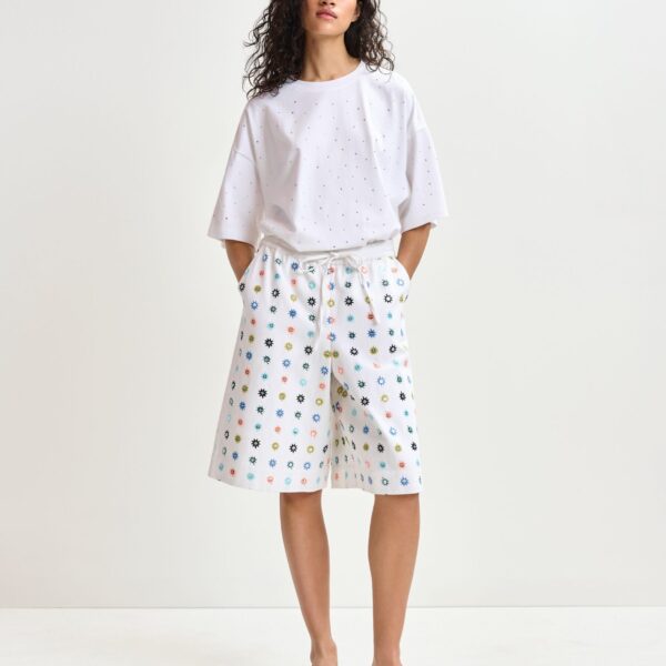 Essentiel Antwerp White and multicolor embroidered cotton shorts with mirror accents - Essentiel Antwerp Shorts - Colorful Belgian Design - Shop at Coveti