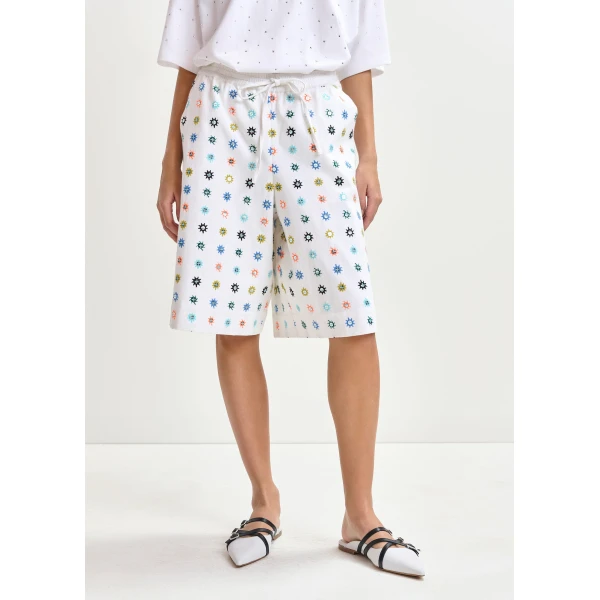 Essentiel Antwerp White and multicolor embroidered cotton shorts with mirror accents, view 3