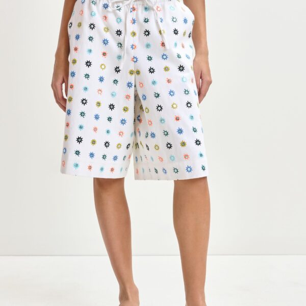 Essentiel Antwerp White and multicolor embroidered cotton shorts with mirror accents - Essentiel Antwerp Shorts - Colorful Belgian Design - Shop at Coveti