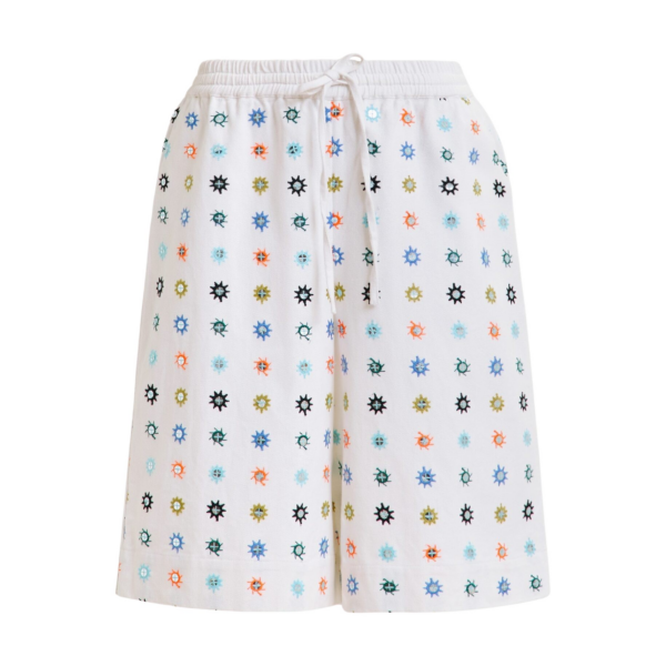 Essentiel Antwerp White and multicolor embroidered cotton shorts with mirror accents - Essentiel Antwerp Shorts - Colorful Belgian Design - Shop at Coveti