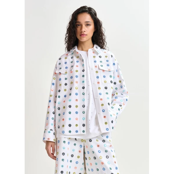 Essentiel Antwerp White and multicolor embroidered oversized shirt with mirror accents & flap pockets, view 2