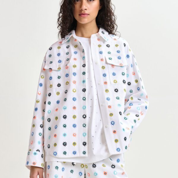 Essentiel Antwerp White and multicolor embroidered oversized shirt with mirror accents & flap pockets - Essentiel Antwerp Shirts - Colorful Belgian Design - Shop at Coveti