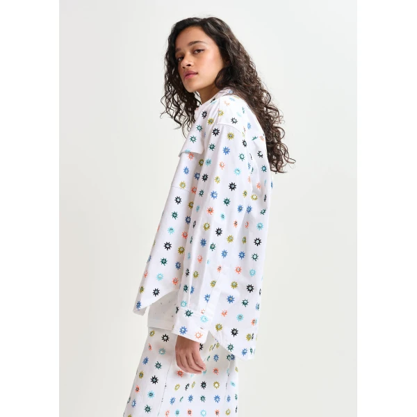Essentiel Antwerp White and multicolor embroidered oversized shirt with mirror accents & flap pockets, view 3
