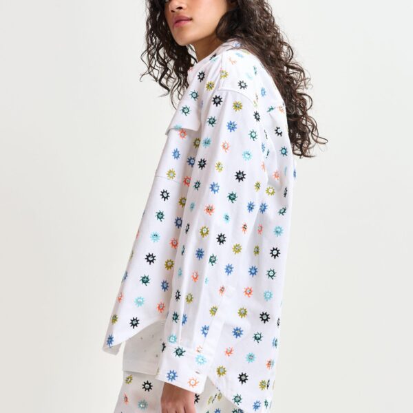 Essentiel Antwerp White and multicolor embroidered oversized shirt with mirror accents & flap pockets - Essentiel Antwerp Shirts - Colorful Belgian Design - Shop at Coveti