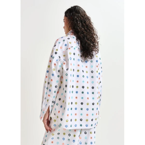 Essentiel Antwerp White and multicolor embroidered oversized shirt with mirror accents & flap pockets, view 4
