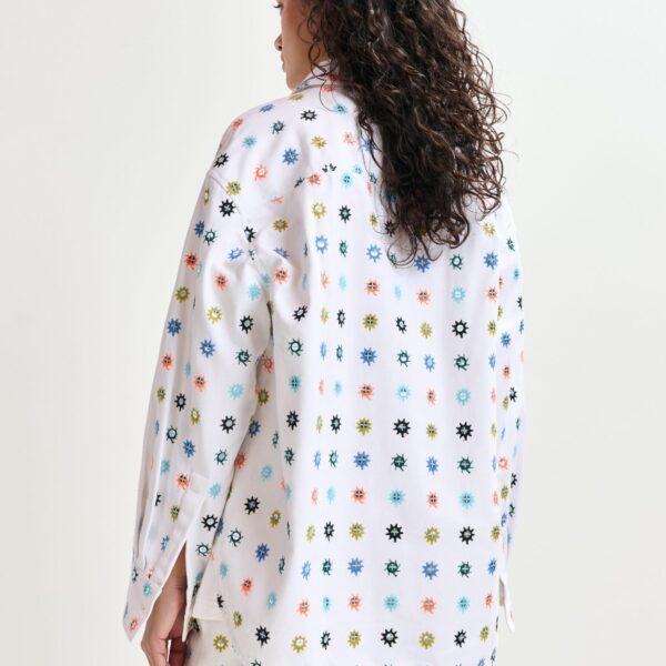 Essentiel Antwerp White and multicolor embroidered oversized shirt with mirror accents & flap pockets - Essentiel Antwerp Shirts - Colorful Belgian Design - Shop at Coveti