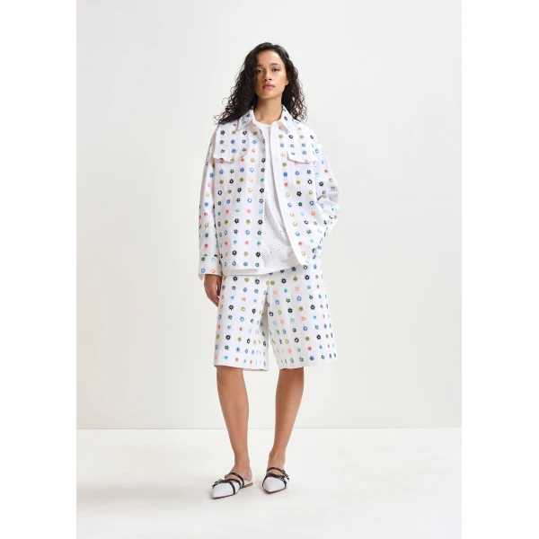 Essentiel Antwerp White and multicolor embroidered oversized shirt with mirror accents & flap pockets, view 5