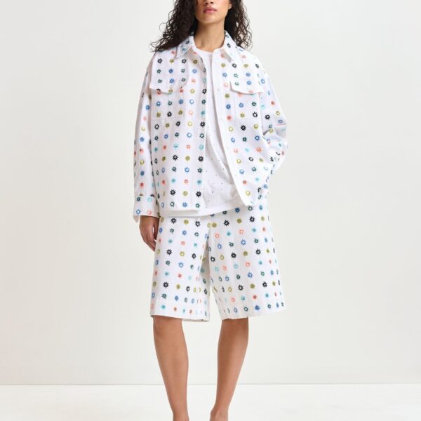 Essentiel Antwerp White and multicolor embroidered oversized shirt with mirror accents & flap pockets - Essentiel Antwerp Shirts - Colorful Belgian Design - Shop at Coveti