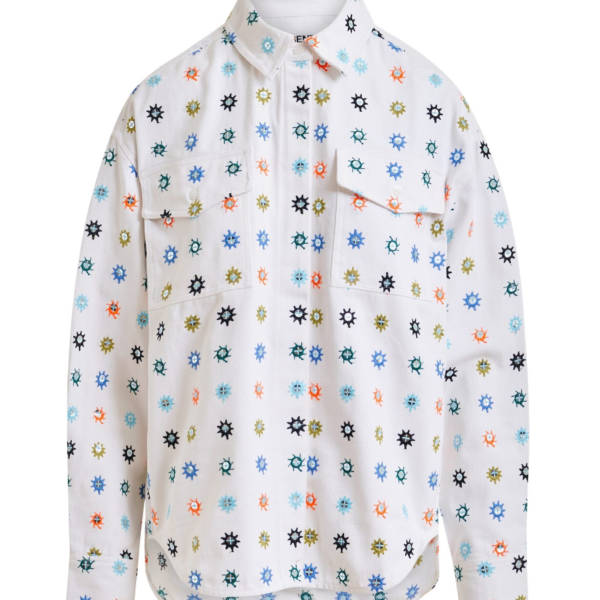 Essentiel Antwerp White and multicolor embroidered oversized shirt with mirror accents & flap pockets - Essentiel Antwerp Shirts - Colorful Belgian Design - Shop at Coveti
