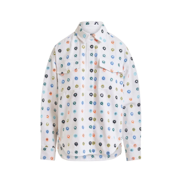 Essentiel Antwerp White and multicolor embroidered oversized shirt with mirror accents & flap pockets - Essentiel Antwerp Shirts - Colorful Belgian Design - Shop at Coveti