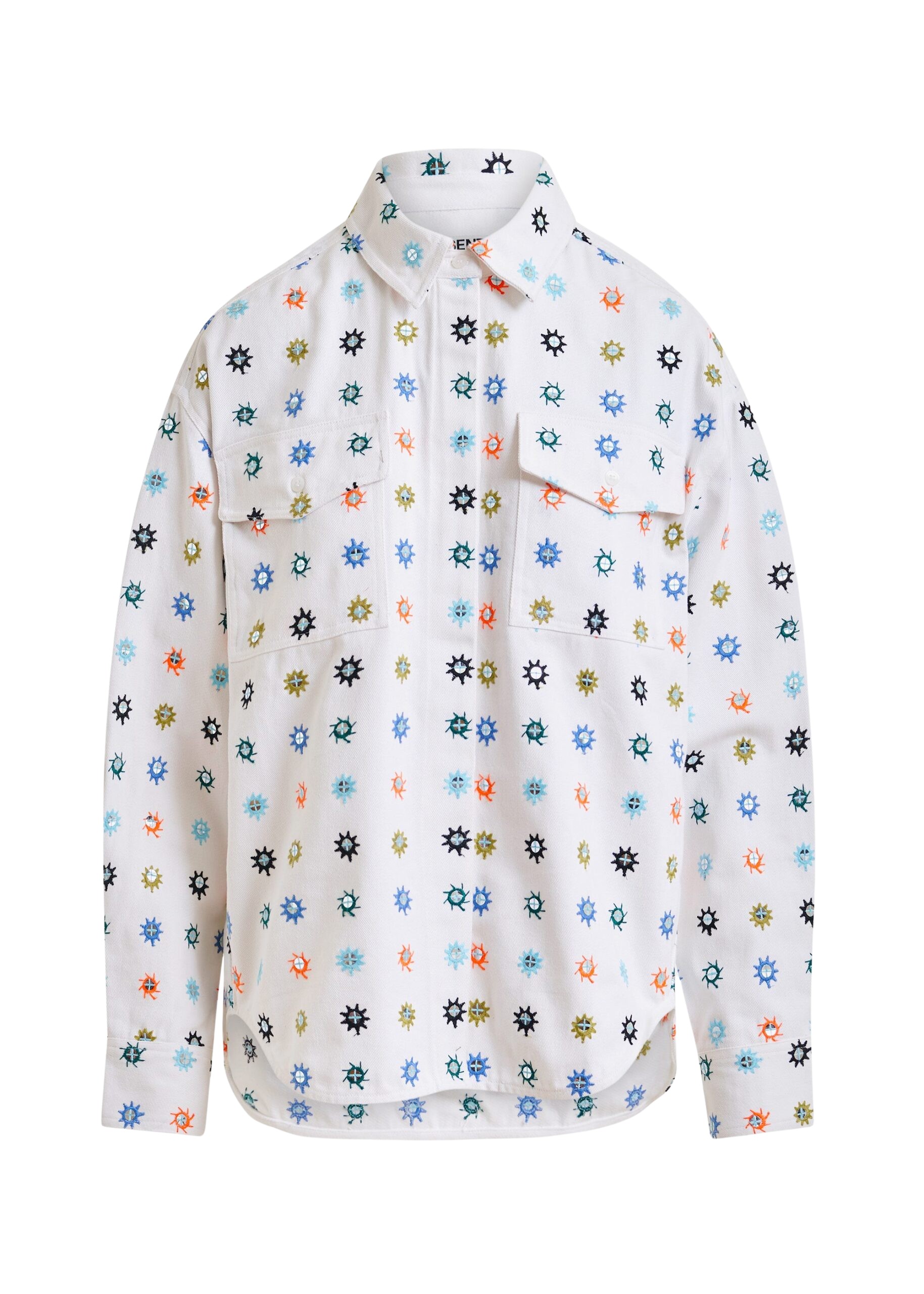 Essentiel Antwerp White and multicolor embroidered oversized shirt with mirror accents & flap pockets - Essentiel Antwerp Shirts - Colorful Belgian Design - Shop at Coveti