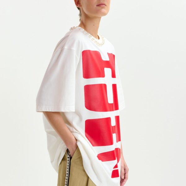 Essentiel Antwerp White and red oversized cotton T-shirt with "HUH?"- print and bead embellishments - Essentiel Antwerp Shirts - Colorful Belgian Design - Shop at Coveti