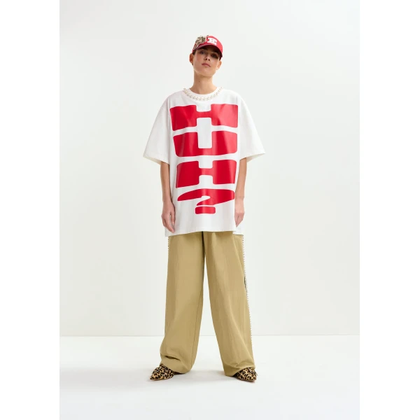 Essentiel Antwerp White and red oversized cotton T-shirt with “HUH?”- print and bead embellishments Top, view 3