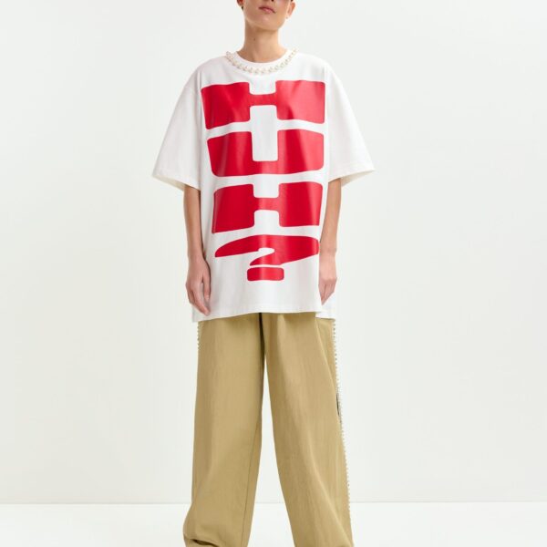 Essentiel Antwerp White and red oversized cotton T-shirt with "HUH?"- print and bead embellishments - Essentiel Antwerp Shirts - Colorful Belgian Design - Shop at Coveti