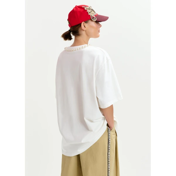 Essentiel Antwerp White and red oversized cotton T-shirt with “HUH?”- print and bead embellishments Top, view 5