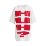Essentiel Antwerp White and red oversized cotton T-shirt with "HUH?"- print and bead embellishments - Essentiel Antwerp Shirts - Colorful Belgian Design - Shop at Coveti