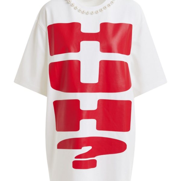 Essentiel Antwerp White and red oversized cotton T-shirt with "HUH?"- print and bead embellishments - Essentiel Antwerp Shirts - Colorful Belgian Design - Shop at Coveti