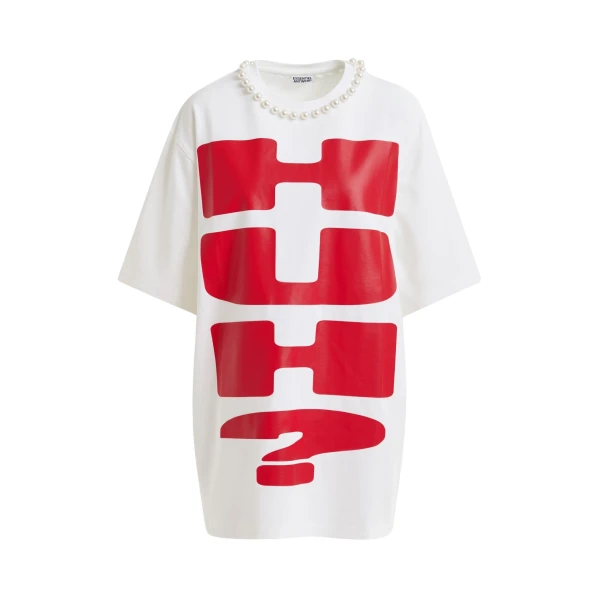 Essentiel Antwerp White and red oversized cotton T-shirt with "HUH?"- print and bead embellishments - Essentiel Antwerp Shirts - Colorful Belgian Design - Shop at Coveti
