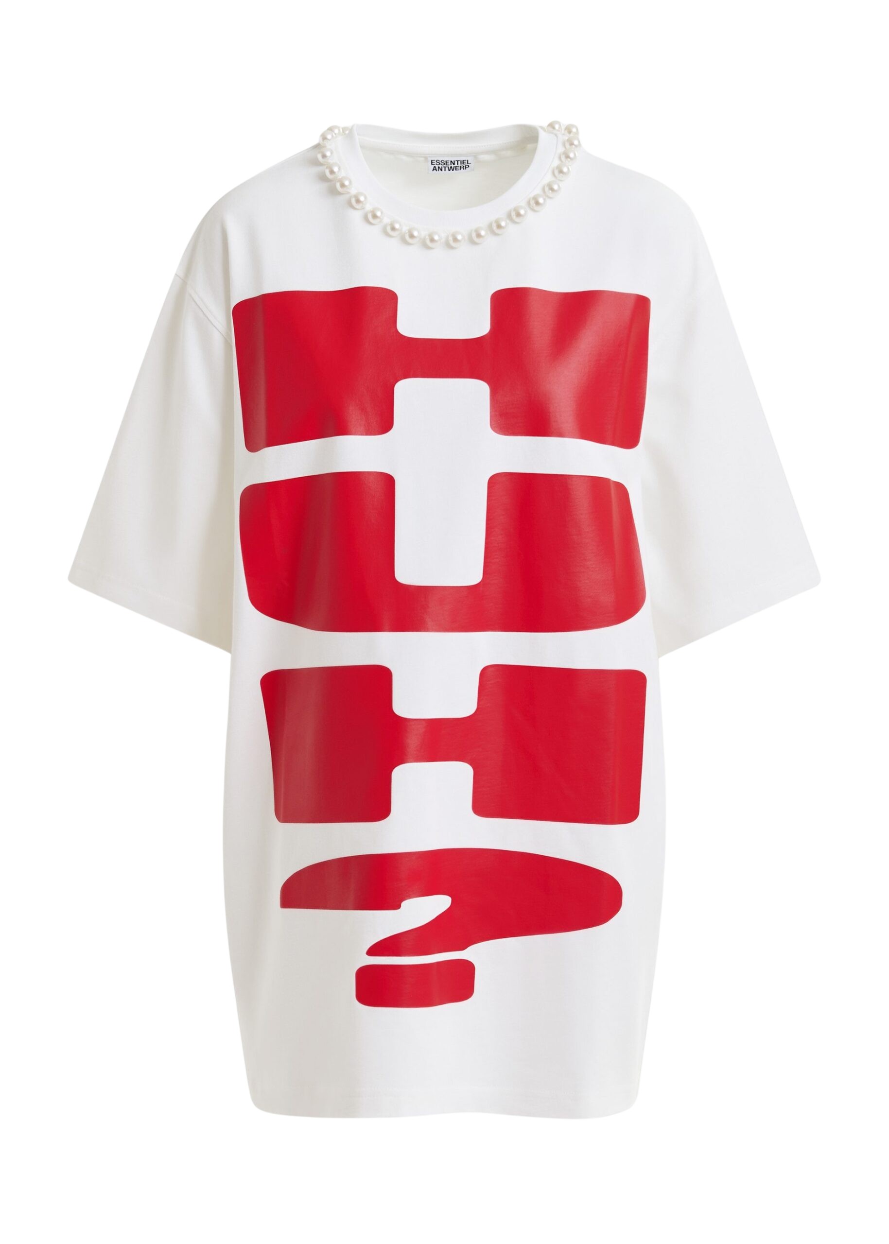 Essentiel Antwerp White and red oversized cotton T-shirt with "HUH?"- print and bead embellishments - Essentiel Antwerp Shirts - Colorful Belgian Design - Shop at Coveti
