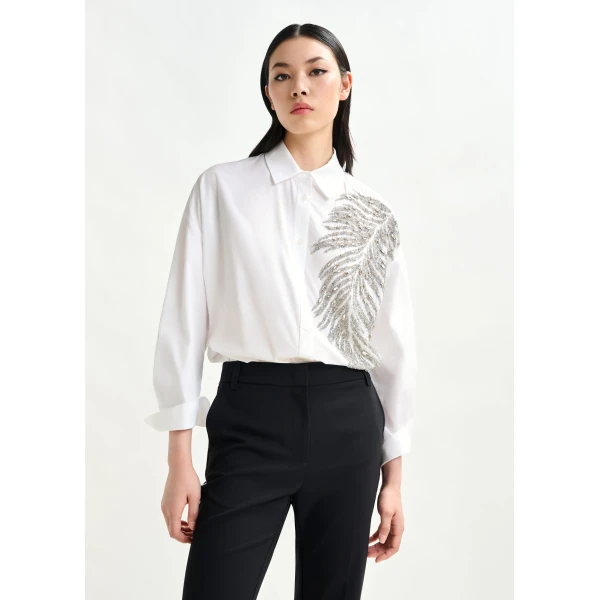 Essentiel Antwerp White and silver oversized cotton shirt with sequin and bead embellishment, view 2