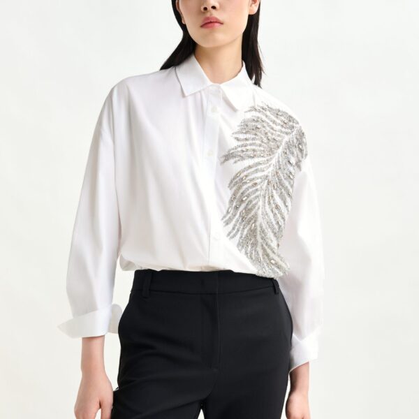 Essentiel Antwerp White and silver oversized cotton shirt with sequin and bead embellishment - Essentiel Antwerp Shirts - Colorful Belgian Design - Shop at Coveti