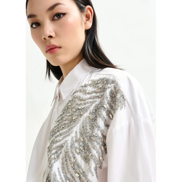Essentiel Antwerp White and silver oversized cotton shirt with sequin and bead embellishment, view 3