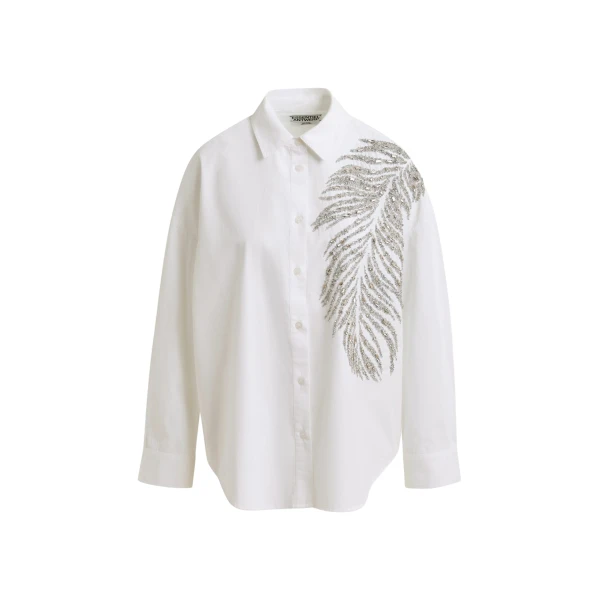 Essentiel Antwerp White and silver oversized cotton shirt with sequin and bead embellishment - Essentiel Antwerp Shirts - Colorful Belgian Design - Shop at Coveti