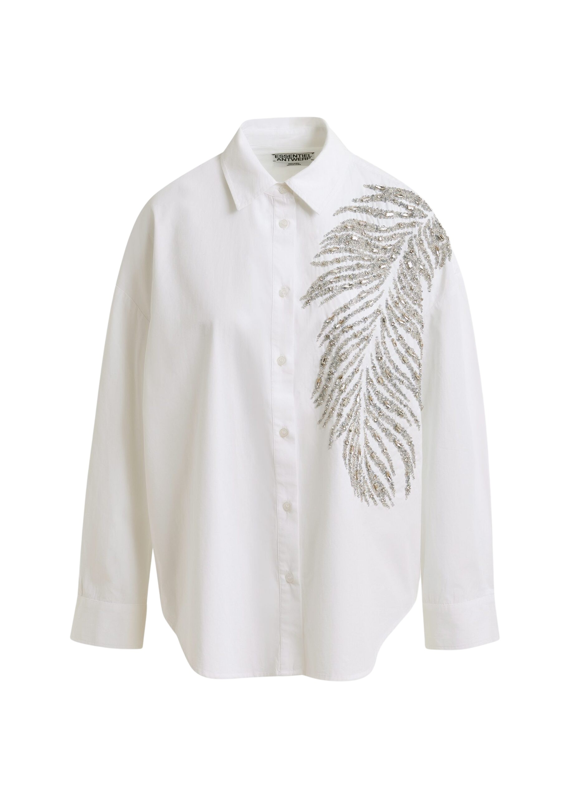 Essentiel Antwerp White and silver oversized cotton shirt with sequin and bead embellishment - Essentiel Antwerp Shirts - Colorful Belgian Design - Shop at Coveti