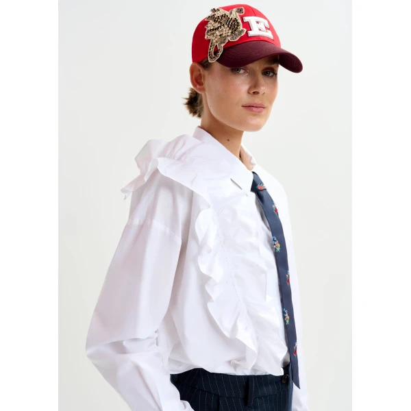 Essentiel Antwerp White cotton shirt with ruffle detail, view 3