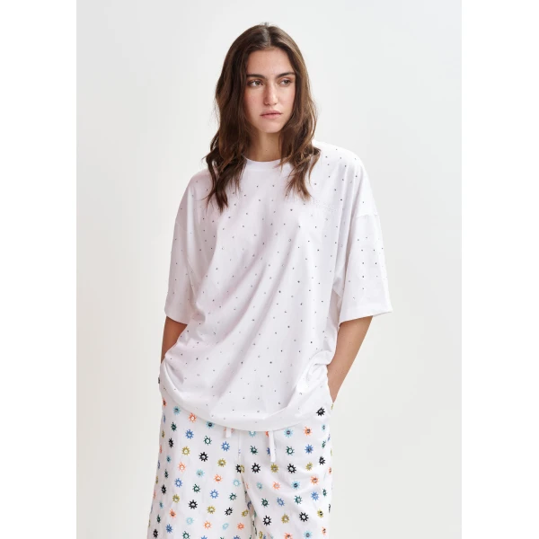 Essentiel Antwerp White oversized organic cotton T-shirt with sequin details Top, view 2