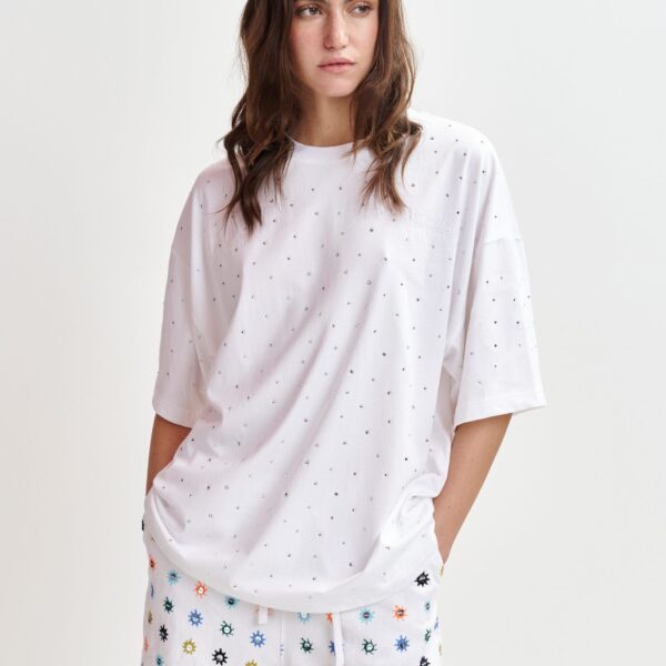 Essentiel Antwerp White oversized organic cotton T-shirt with sequin details - Essentiel Antwerp Shirts - Colorful Belgian Design - Shop at Coveti