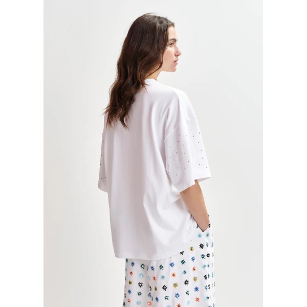 Essentiel Antwerp White oversized organic cotton T-shirt with sequin details Top, view 3