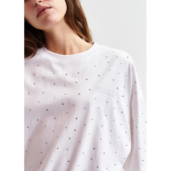 Essentiel Antwerp White oversized organic cotton T-shirt with sequin details Top, view 4